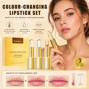 HelloKiss 3Pcs Color-Changing Lip Balm, PH Temperature Reactive Tint, Gold Crystal Glossy Finish, Hydrating Smooth Texture, Long-Lasting Moisturizing, Shiny Soft Lip Care