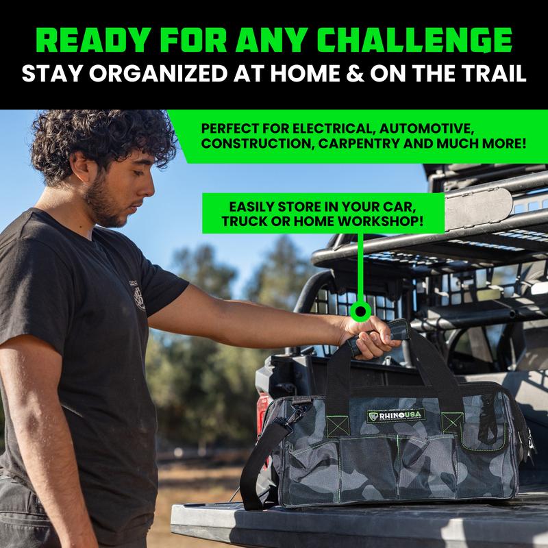 Rhino USA Heavy Duty Tool Bag Wide Mouth Tool Tote with Zipper, Large Tool Bag with Extra Side Storage Pockets, Reinforced Shoulder Strap & Metal Clips