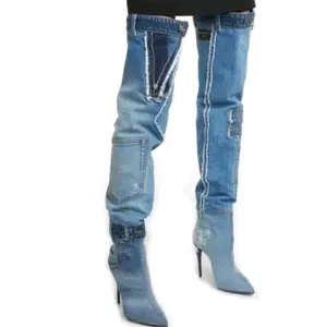 Denim Above the Knee High Heel Boots
