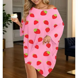 Plus-size women’s nightgowns/oversized sleep shirts made from bamboo fabric, featuring a printed design with a pocket. Comfortable, cute, fits sizes S–5XL, loose casual fit with a comfortable short-sleeve hem.