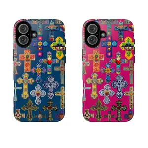Colorful Mexican Folk Art Crosses Phone Case, Vibrant Religious Design for iPhone in Blue and Pink Options, Gift for her, Trendy, Viral Tough Phone Case