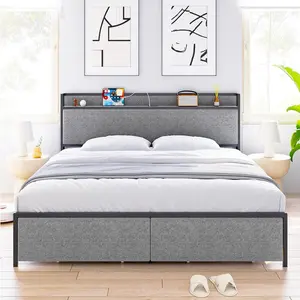 【Christmas Gift】King Size Bed Frame with Charging Station and 2 Storage Drawer, Upholstered Platform Bed with Headboard, USB Port & Outlets, No Box Spring Needed Storage Bed, Noise Free, Easy Assemble, Grey