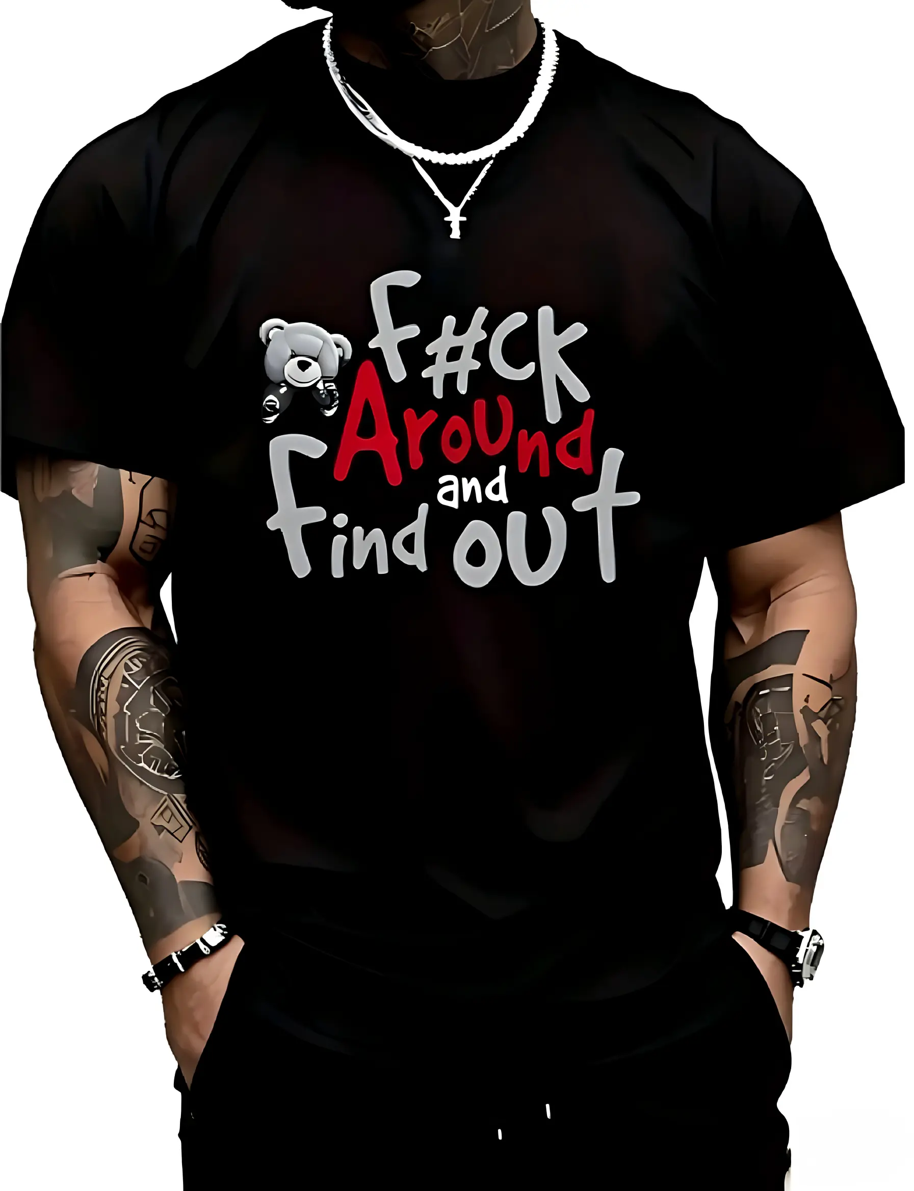 Men's Classic 100% Cotton Crew Neck Short Sleeve Tshirt - Boxer Bear Digital Print, "FK AROUND AND FIND OUT" Graphic, Black, Machine Washable, All-Season Comfort Streetwear Menswear Sports Top