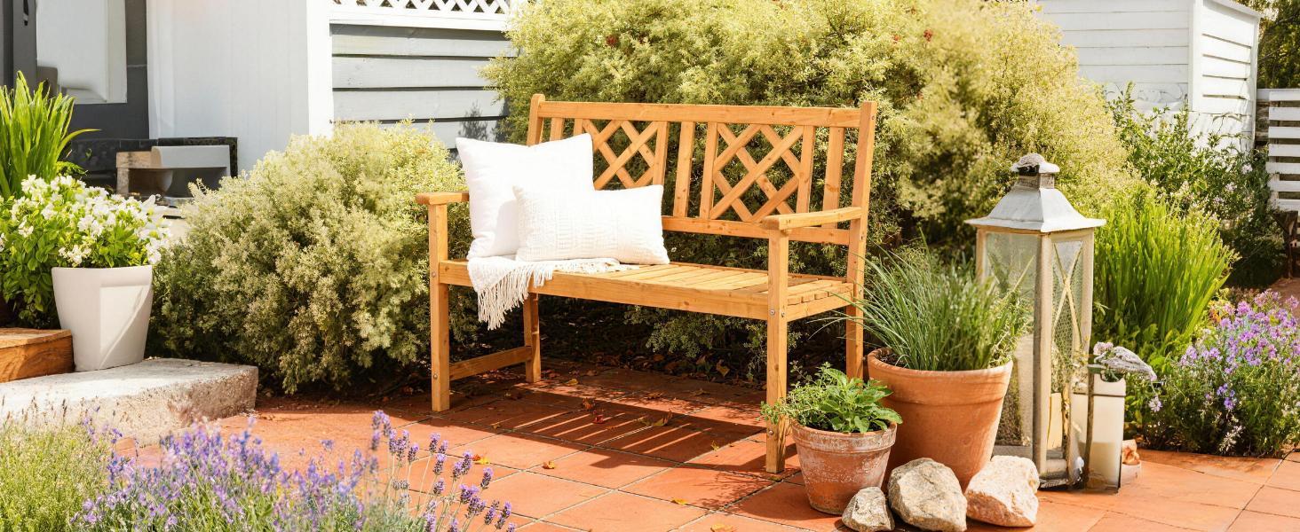 Karlhome Wooden Garden Bench, Outdoor Wood Patio Bench, Rustic Two Person Loveseat Chair w/Armrest for Porch Poolside Park Backyard Balcony, Capacity 605Lbs, Grid Backrest