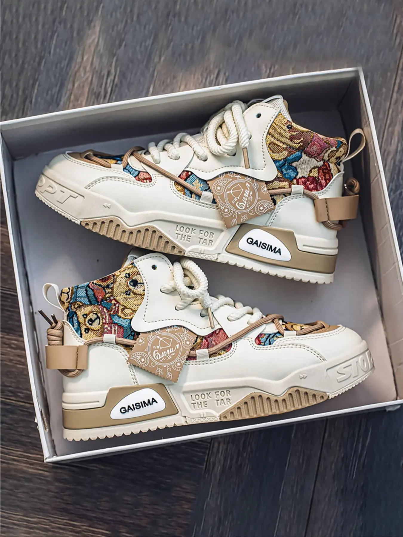 Men's Cartoon Bear Pattern Platform High Top Skate Shoes, Casual Trainer for Boy, Comfortable Breathable Sports Shoes, Trendy All-match Sneakers for Daily Wear, Patchwork Sneakers, Thick Soled Sneakers