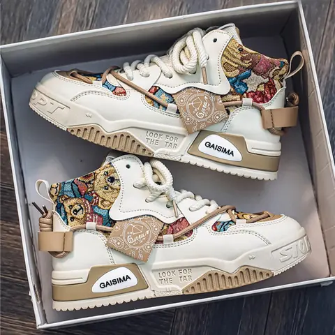 Men's Cartoon Bear Pattern Platform High Top Skate Shoes, Casual Trainer for Boy, Comfortable Breathable Sports Shoes, Trendy All-match Sneakers for Daily Wear, Patchwork Sneakers, Thick Soled Sneakers