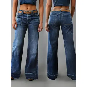 Fashionable Wide-Leg Jeans — Casual Blue Denim for Women, Mid-Rise Waist, Bootcut, All-Season Wear, Polyester Fabric, Diamond Patch Pockets