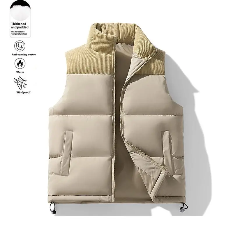 Men's Couple Corduroy Gilet - Autumn Winter Warm Hooded Waistcoat, 100% Polyester Fiber Polyester Clothes, Detachable Cap, Quilted Design, Plain Beige/Khaki Crewneck Casual Fleece Tops