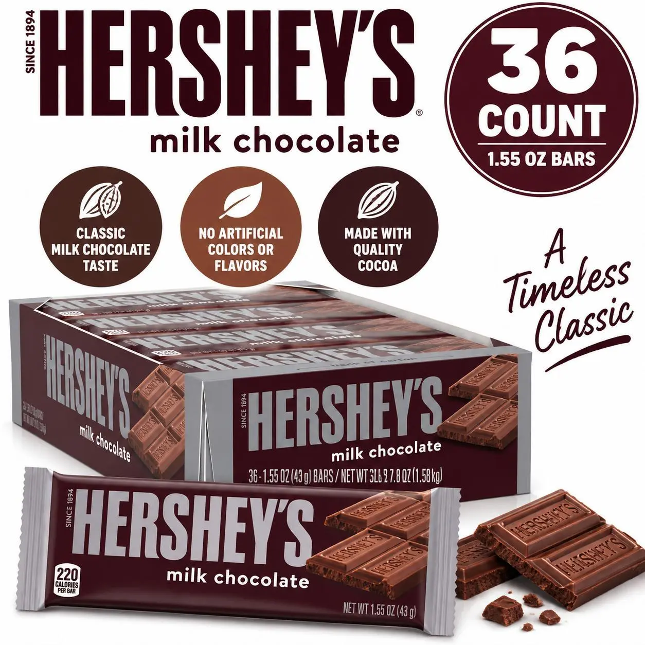 Hershey's Premium Milk Chocolate Bar - 1.55oz, 36 Count Bulk Box, Creamy Chocolate Candy Bulk Snack