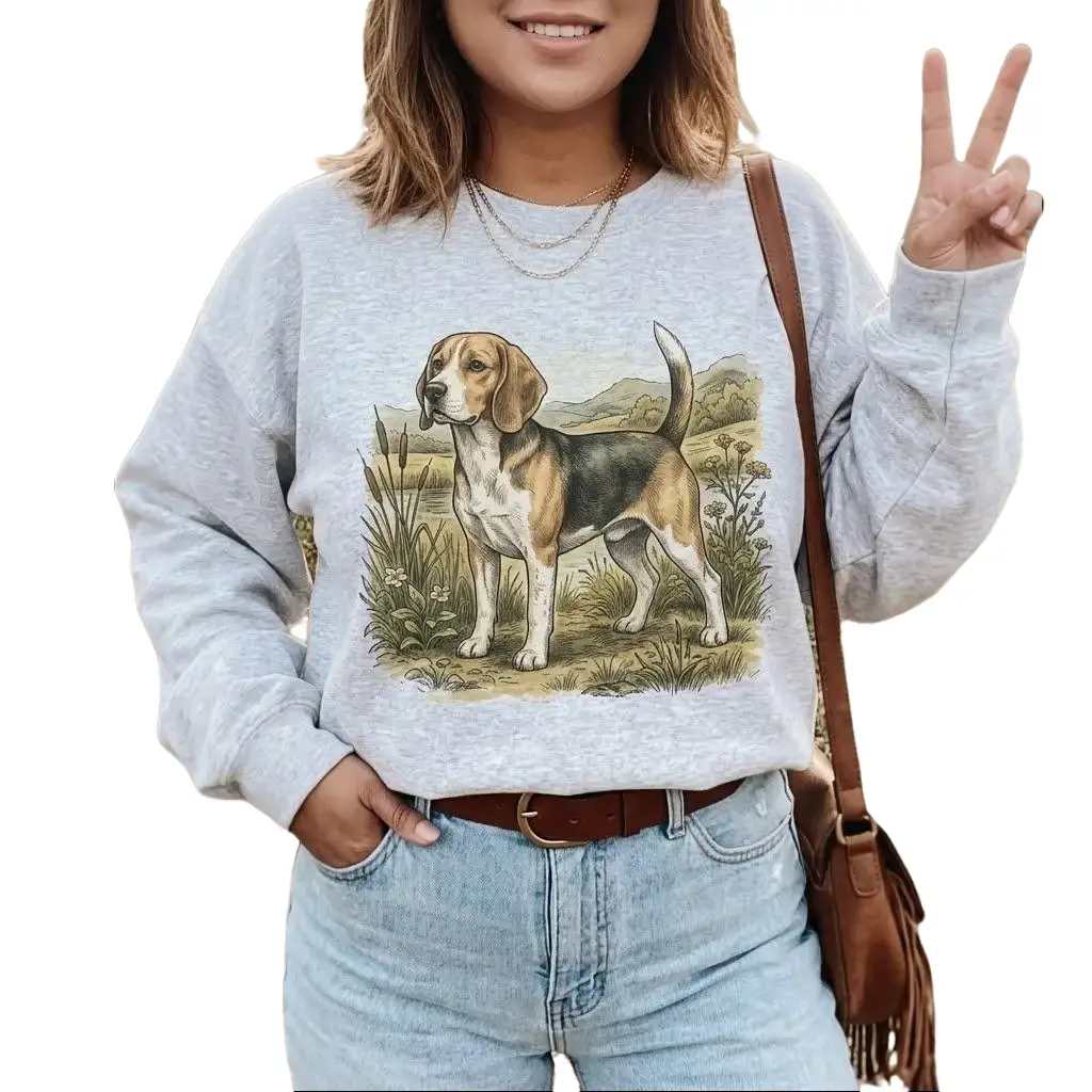 Beagle Sweatshirt Women's Retro Unisex Cotton Pullover Sweatshirt, Vintage Boho Style with Birds Print