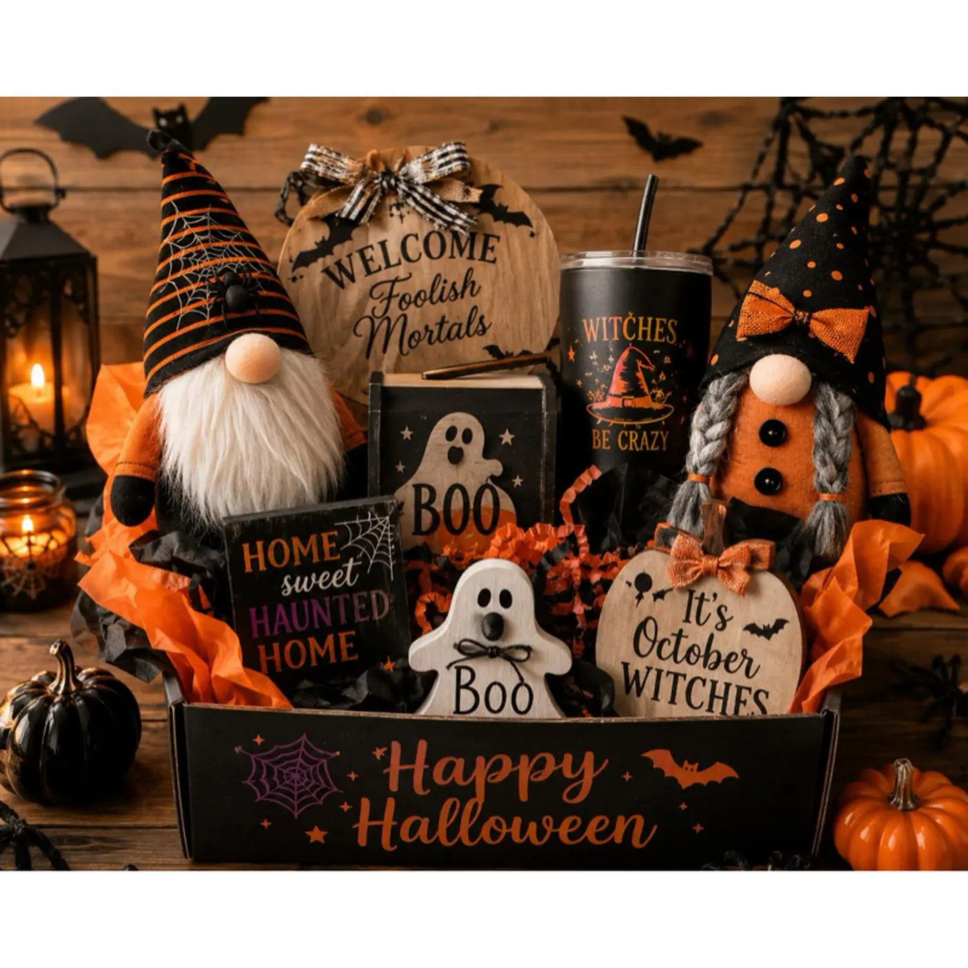 Halloween Mystery Box - Festive Surprises with Adorable Stuffed Gnomes, Themed Cups, Wooden Décor & Spooky-Cute Goodies for Home Decor or Gifts
