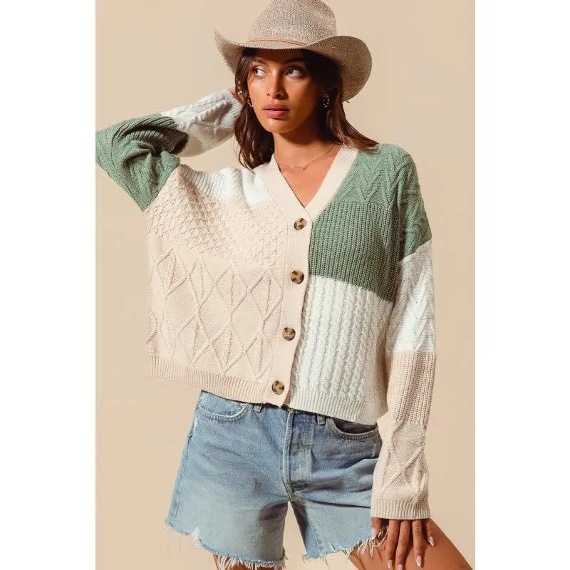 Multi-Pattern Colorblock Cardigan - Oatmeal Sage