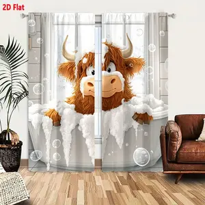 2D Flat  Whimsical Highland Cow Bubble Bath Themed 2-Piece Curtain Set, Light Gray Tiled Bathroom Style Window Curtains with Frosty Winter Scene, Decorative for Bedroom Living Room