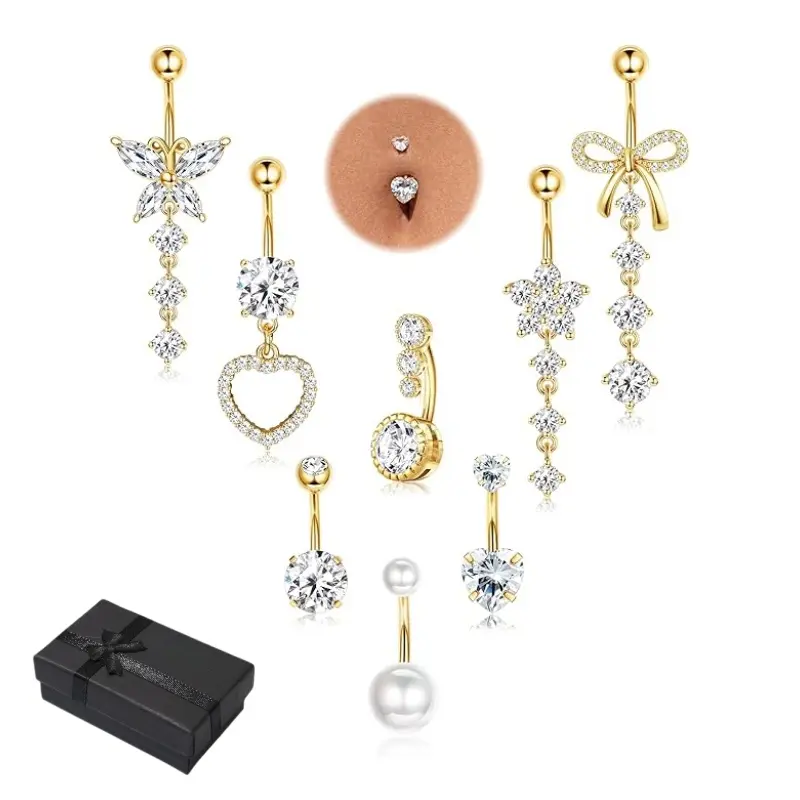 Women's 8-Piece Stainless Steel Belly Button Rings with Zircon & Simulated Pearls, Gift Box-Included Fashionable Jewelry for Daily Wear, Beach Party, Belly Piercing