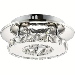 7.9Inch Modern Crystal Chandelier, LED Ceiling Light, Stainless Steel Crystal Mini Round Flush Mount Ceiling Lamp for Dining Room Living Room Bedroom Hallway (12W/6500K/Cool White)