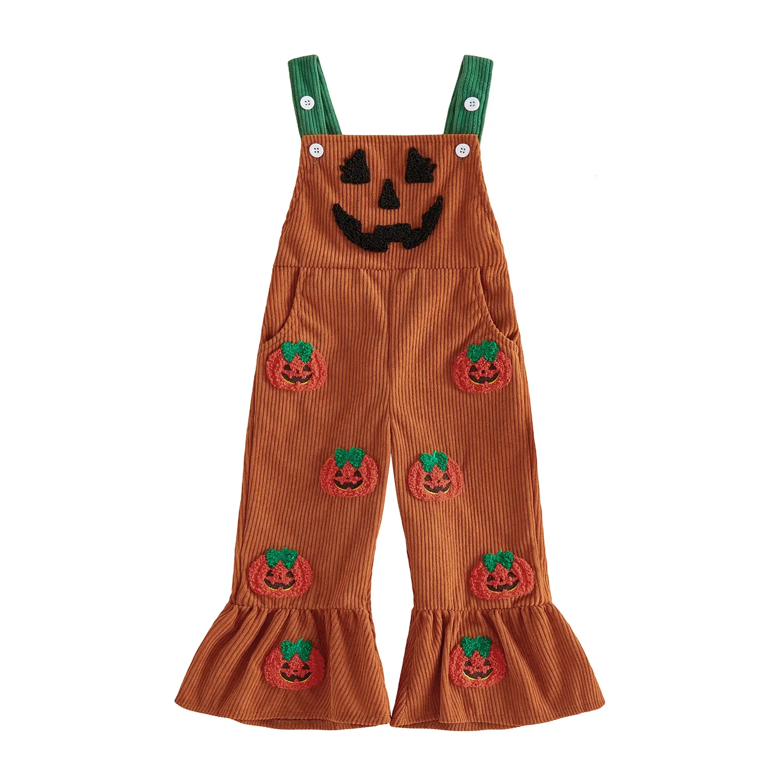 Toddler Baby Little Girl Halloween Corduroy Overalls Pumpkin Embroidered Flare Pants Jumpsuit Cute Fall Clothes 6M-4T