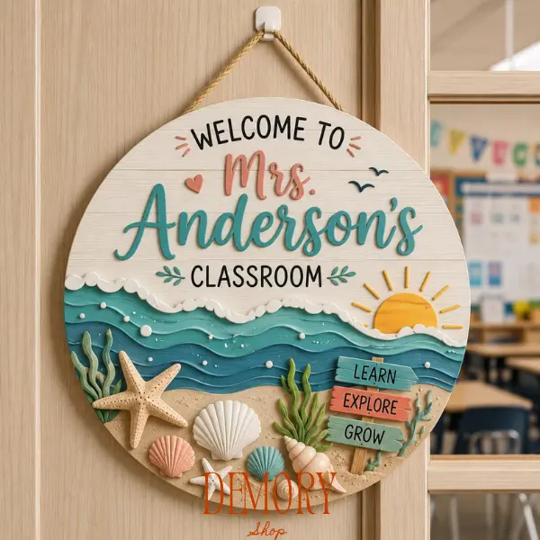 Teacher Door Hanger, Beach Classroom Door Sign, Personalized Teacher Wood Sign, Coastal Classroom Decor, Teacher Gift