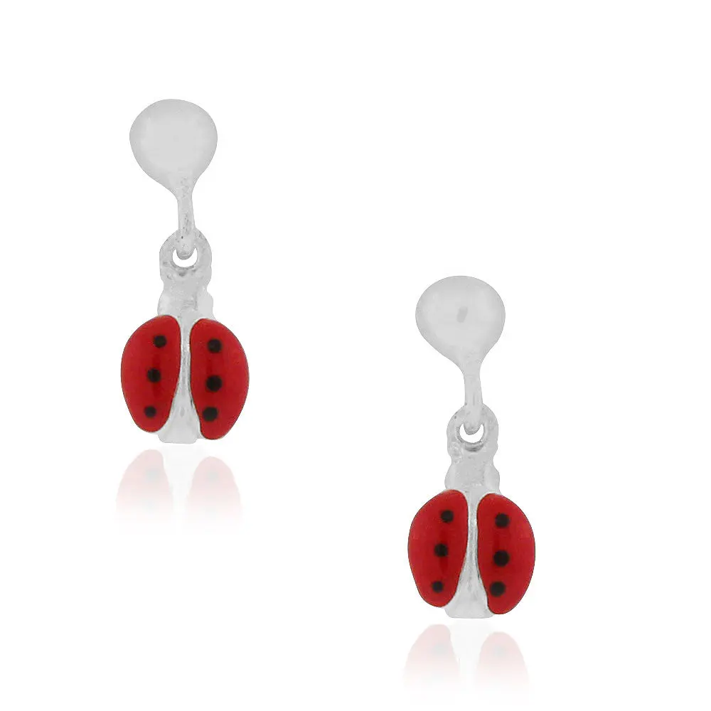 925 Sterling Silver Red Enamel Ladybug Dangle Drop Earrings for Girls - Featuring Ladybug Motif