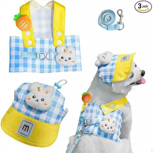 Cat Puppy Costume Sun Hat Leash Vest Harness 3pcs Set Cute Plaid Pattern Cartoon Plush Decor Pet Accessories for Cat Small Dog Gift Choice