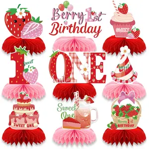 9Pcs Strawberry ONE Birthday Decorations 3D Honeycomb Centerpiece Table Decorations for First ONE, Birthday Party Decorations One Year Old 1st Theme Party Baby Shower Birthday Party Supplies Table Centerpieces Ornaments