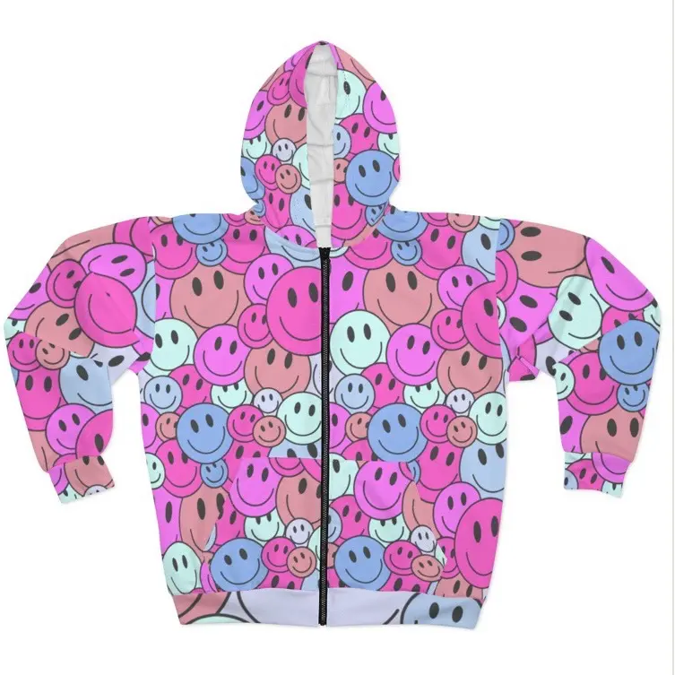 Colorful Smiley Unisex Zip Hoodie, Joyful Hooded Sweatshirt, Cute Hoodie for Trendy Streetwear, Perfect Gift for Friends