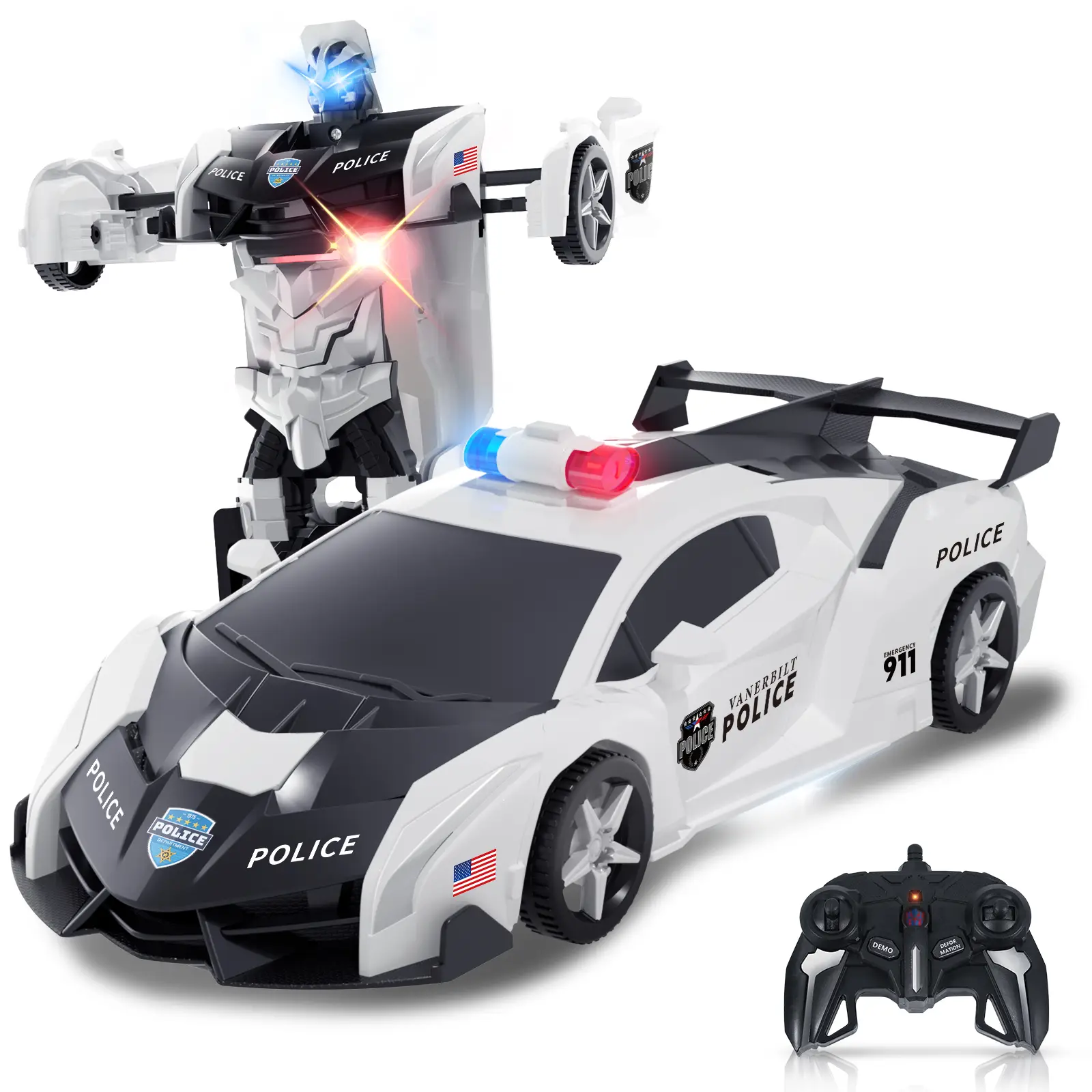 Remote Control Transformer Robot Car Toys, 2.4GHz 1:18 Scale RC Car Drift Function, Rechargeable, with Eye& UnderbodyLights, One-Button Deformation,