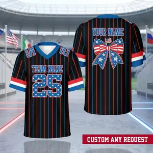 [HOT JERSEY] Custom USA Flag Coquette Bow Football Jersey – Personalized Semiquincentennial 4th of July Patriotic Sports Shirt