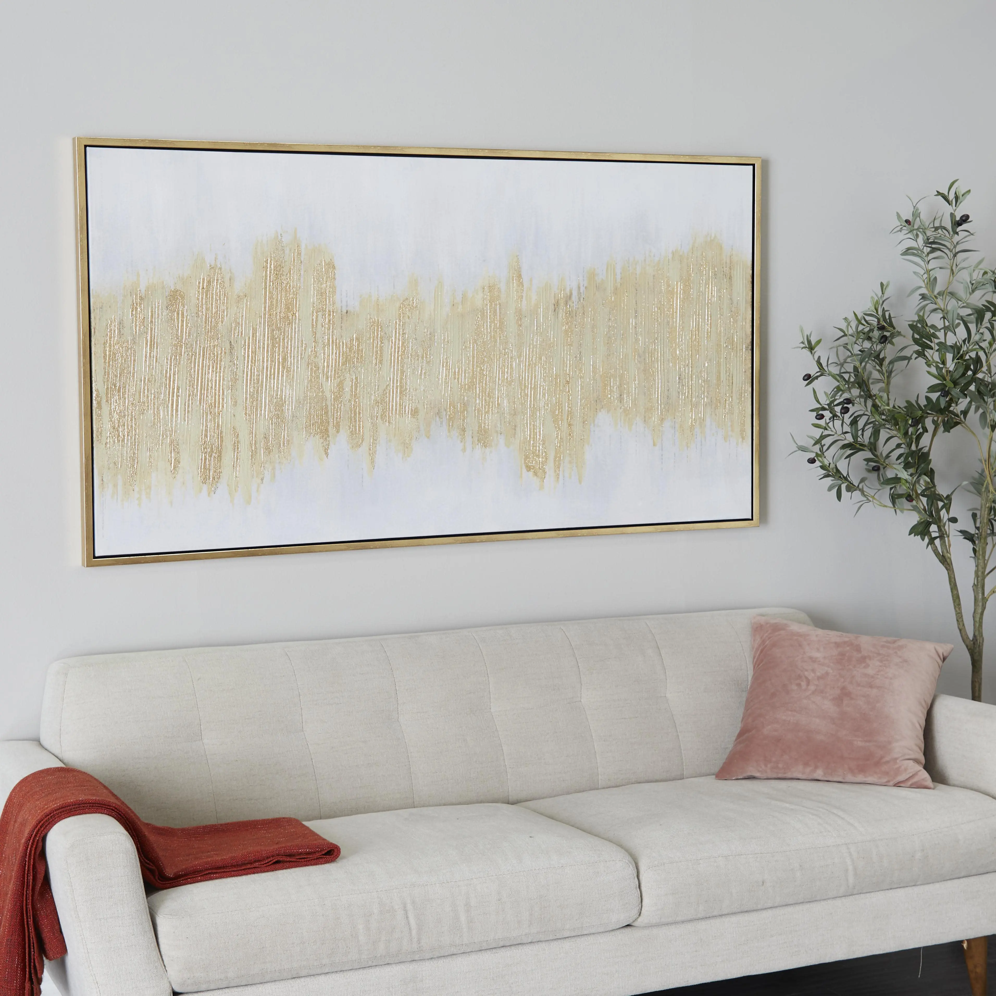 CosmoLiving by Cosmopolitan Gold Canvas Abstract Long Horizontal Living Room Framed Wall Art with Glitter Flakes, 65" x 2" x 36"