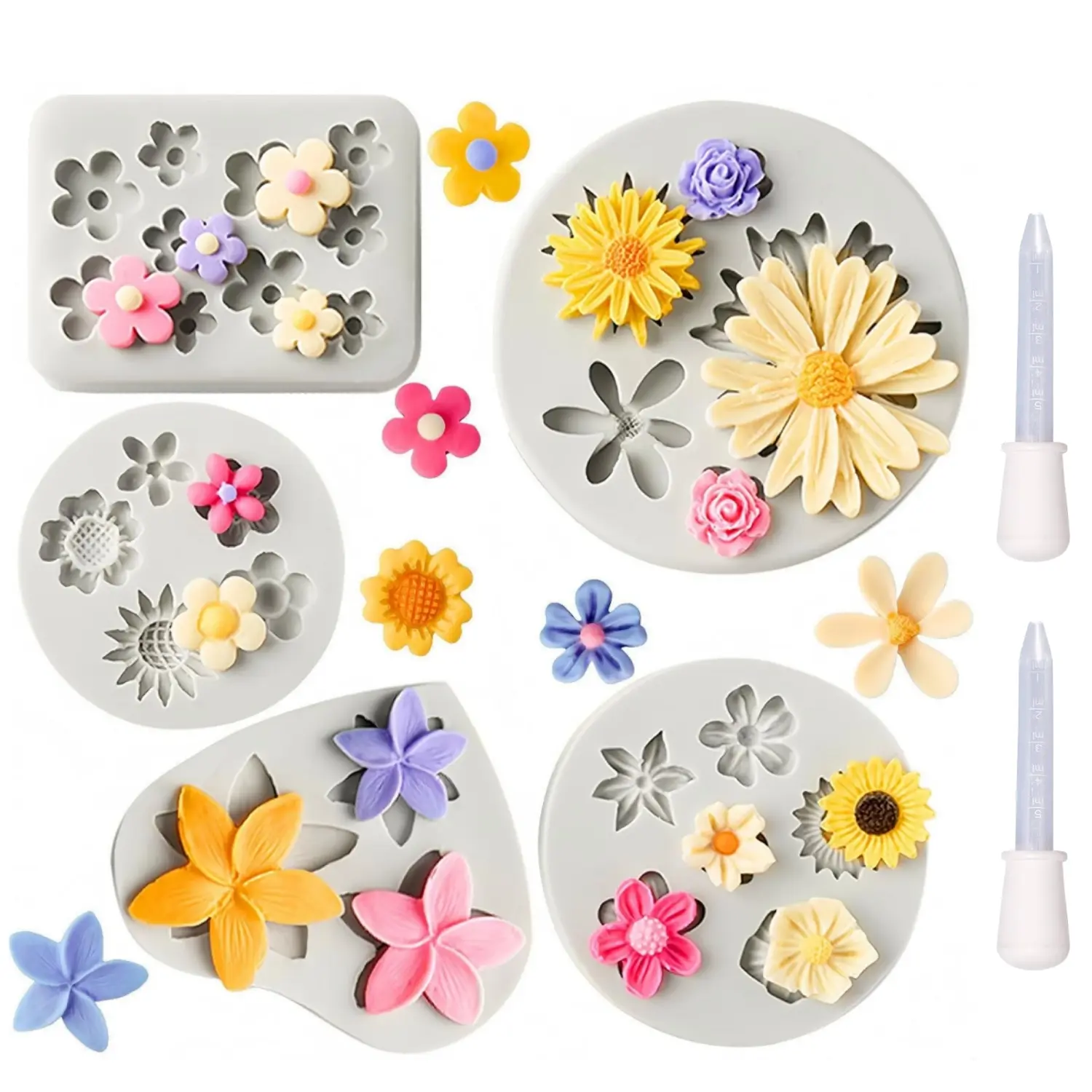 5PCS Silicone Flower Molds & 2 Droppers, Non-Stick Daisy Sunflower Fondant Chocolate Molds for Dessert Cake Decorating, Cupcake Topper, Cake Pop, Candy