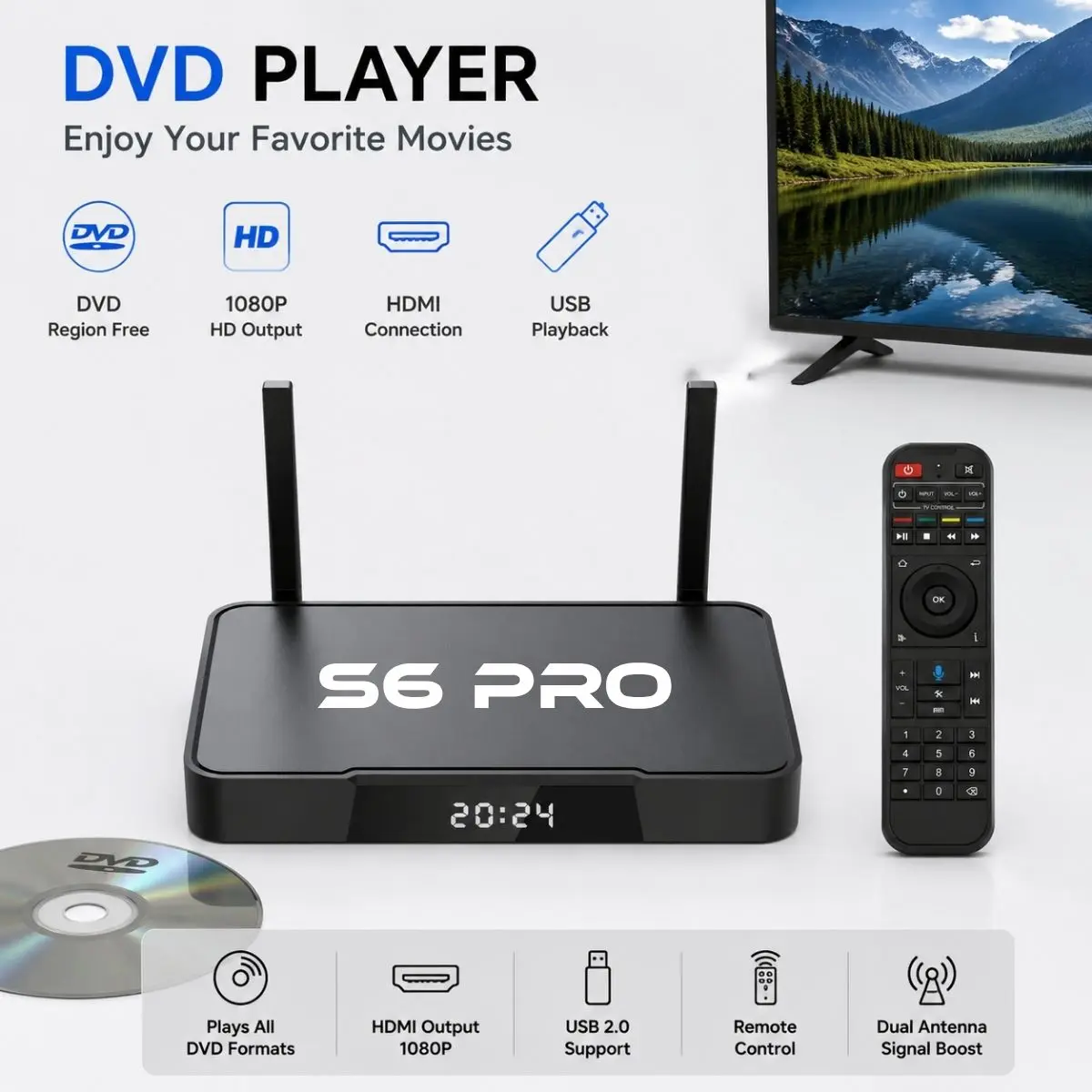 S6/S7 PRO DVD Player with 6K HD Output, Dual WiFi Antennas & Voice Remote Control, Home Entertainment Media Player for Movies and Family TV Setup