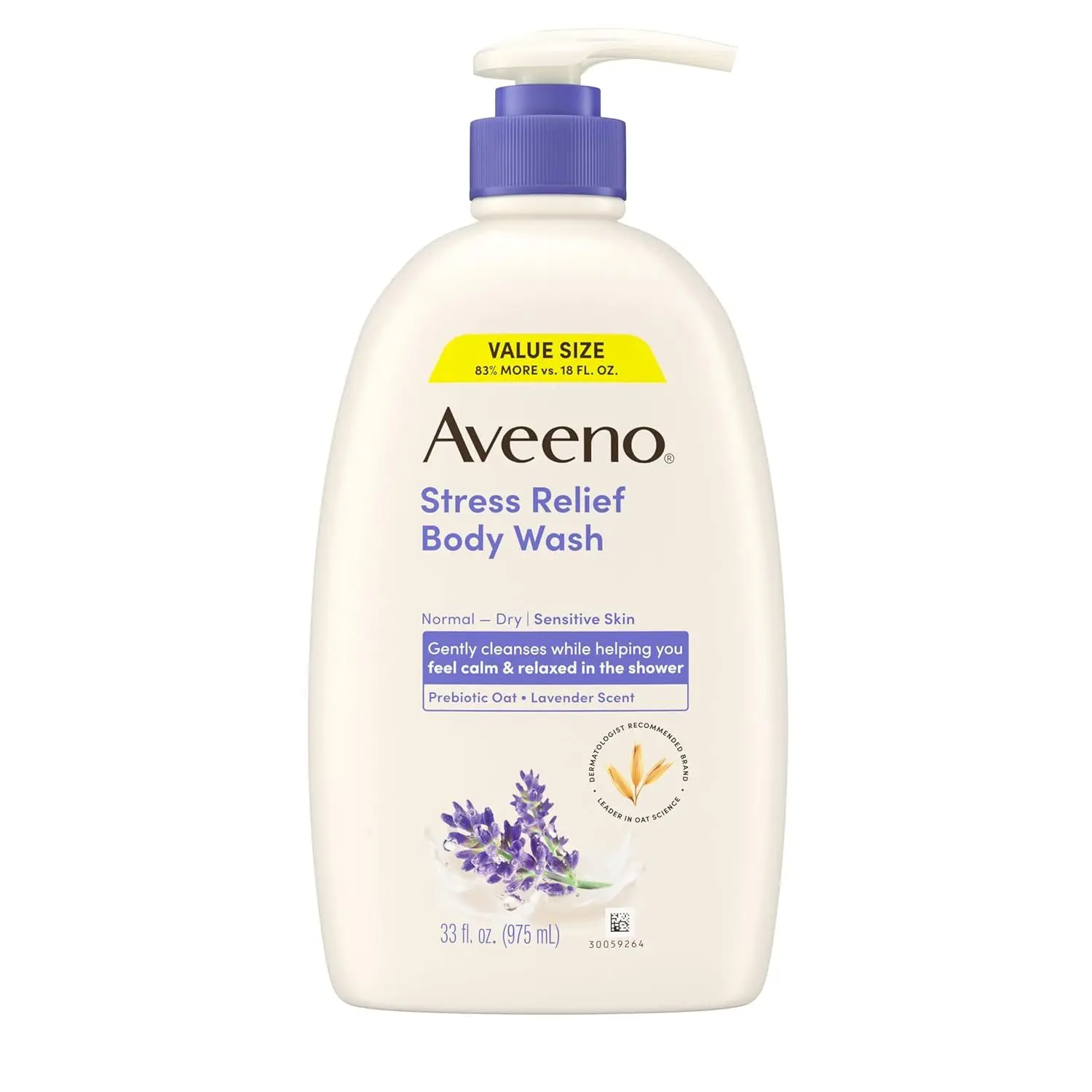 Aveeno Stress Relief Body Wash, Lavender Scent with Nourishing Prebiotic Oat, Sensitive Skin Body Wash for Normal to Dry Skin, Paraben-, Dye-, and Soap-Free, Value Size 33 Fl Oz
