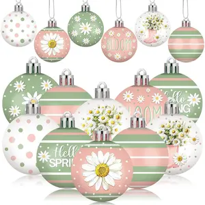 24 Pcs Spring Ornament Bulk Daisy Flower Tree Decorations Pink Green Striped Polka Dot Balls Easter Spring Decorations for Home Small Tree Party Holiday De