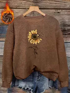 Cure Sunflower Soft Faux Fur Round Neck Top, Vibrant Sunflower Butterfly Print, Soft and Skin-Friendly, Loose and Lazy Fit, Casual Daily Commute Wear