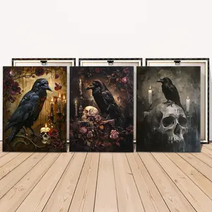 Wooden Framed Canvas Painting, 3 Counts/set Creepy Raven on Skull Pattern Scary Decoration, Halloween Home Decoration Poster, Tombstone Wall Art