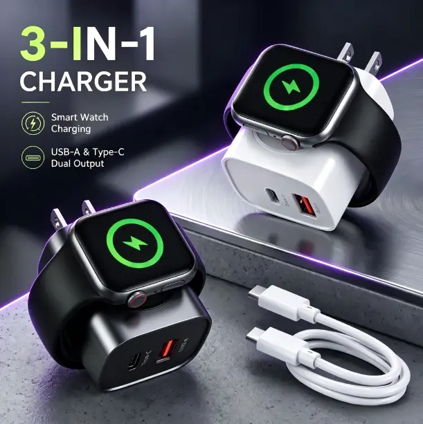 3-in-1 GaN Charger with Apple Watch Charging - 22W Fast Charging Station for iPhone, Watch & AirPods