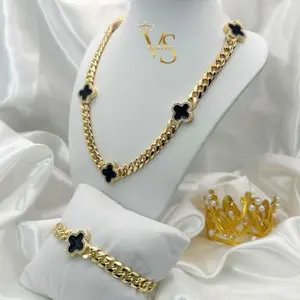 Valdes Luxury Monaco Chain & Bracelet Set Gold Plated 14K with Black Flower Design