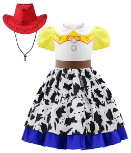Cowgirl Costume Girls Jessie Costume Halloween Party Princess Dress Up Outfit with Red Cowboy Hat Short Puff Sleeves Knee Length Dress 3 Layer Skirt