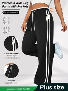 Plus Size Women's Colorblock Print Wide Leg Pants, Adjustable Drawstring Elastic Waist, Casual Loose Fit for Daily Wear & Back-To-School Season