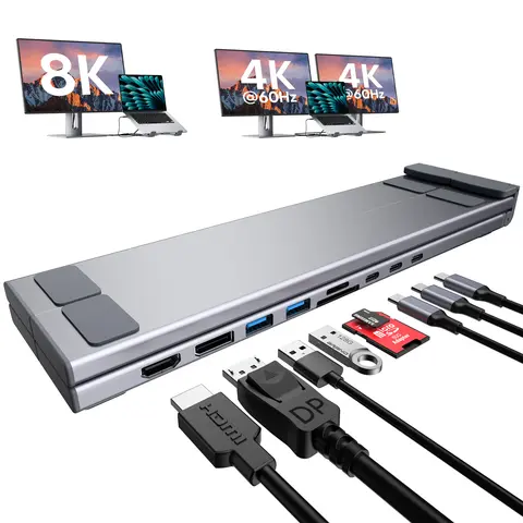 Mukiya Laptop Docking Station Stand, 9-in-1 USB C Hub with 8K@30Hz HDMI, 8K@30Hz DP, 2 USB 3.0, PD 100W, and SD/TF Card Slots for MacBook/Dell/HP/ASUS/Lenovo