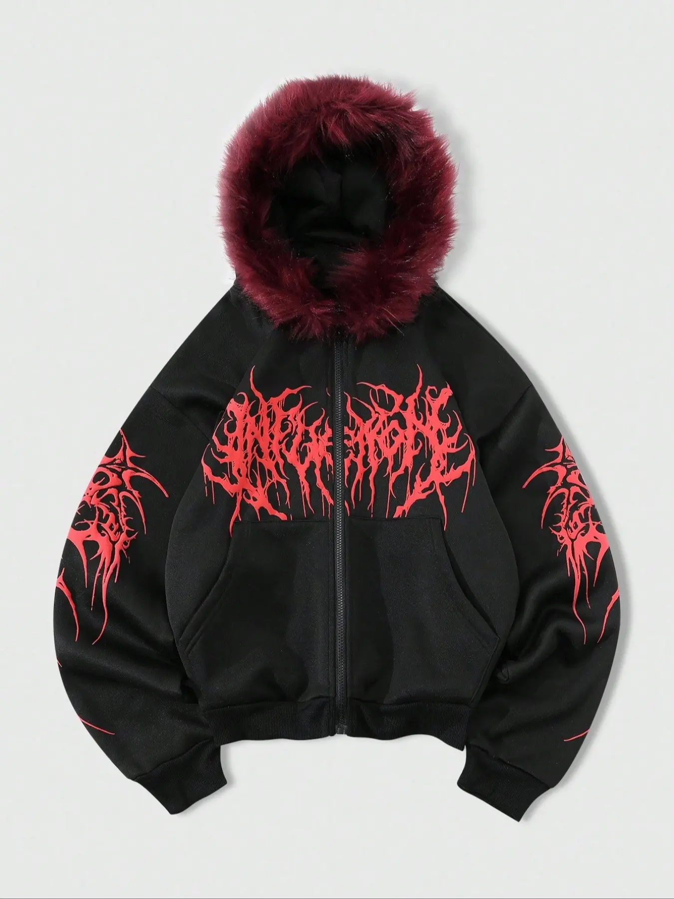 トップス archive grunge gap parka y2k black Y2K Cyber Grunge Full Zip Hoodie with Red Furry Hood | Gothic