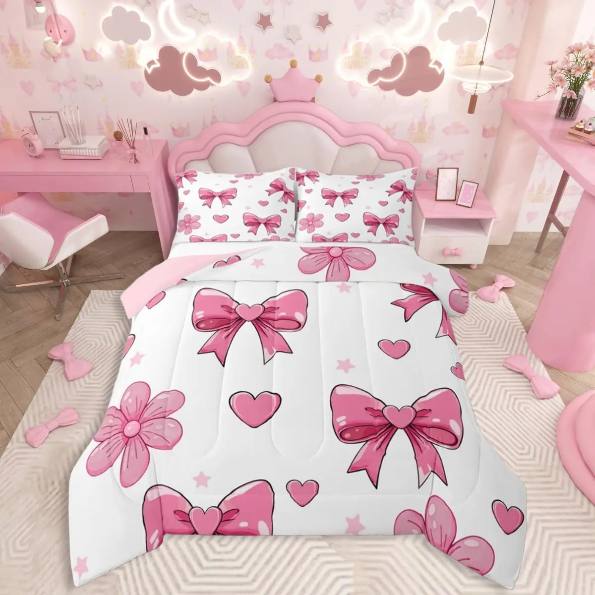 Pink Bow Bedding Set Soft,Colourful Bowknot Comforter Set White Pink Duvet Quilt Microfiber Butterfly Bowknot Bedroom Decor 1