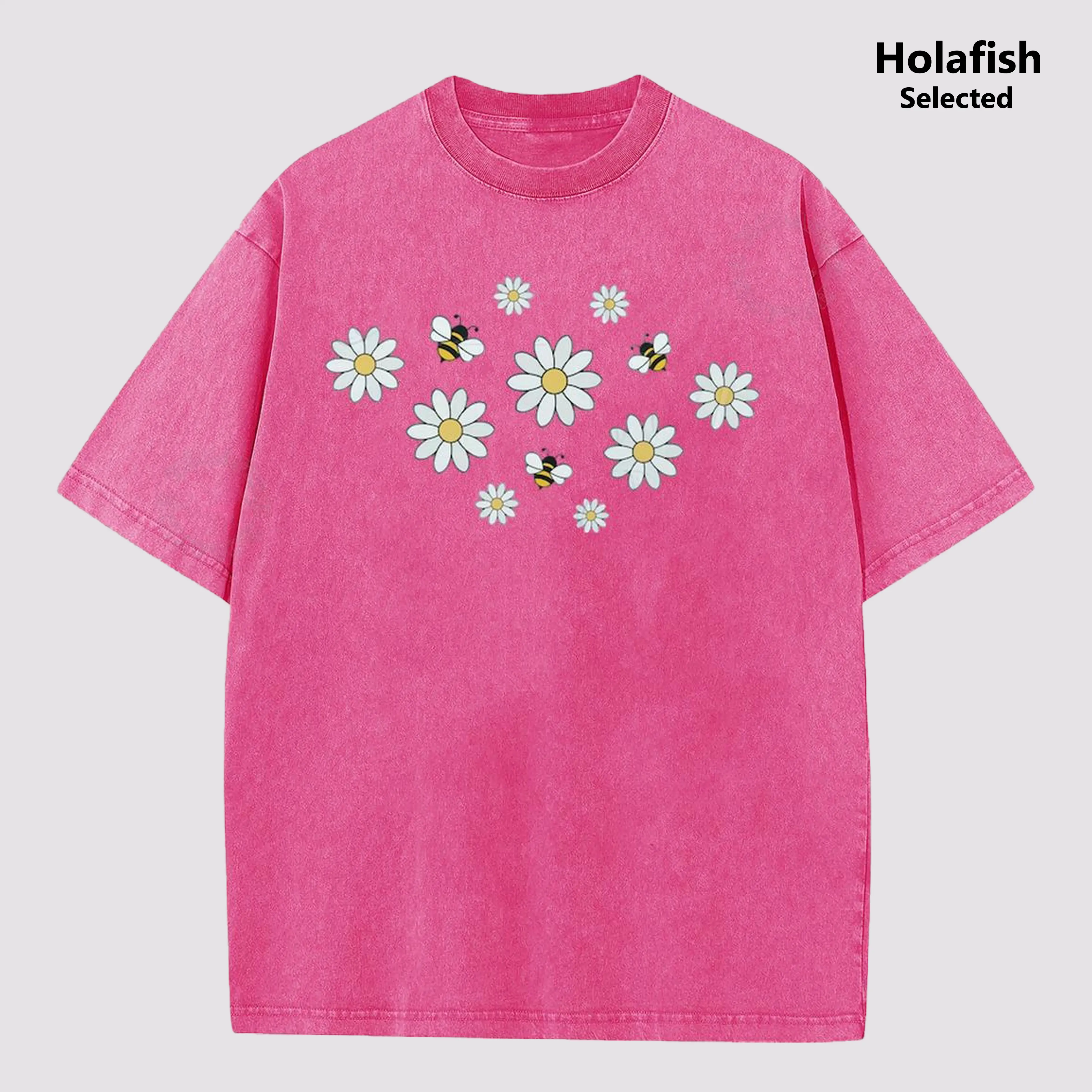 Holafish Women's Loose Fit Acid Wash T-Shirt – Soft Breathable Cotton Vintage Graphic Tee with Bee & Daisy Cute Print, Unisex Summer Casual Top for Everyday Wear