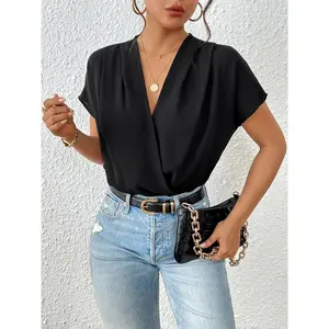 Women's Plain Wrap Batwing Sleeve Bodysuit, Summer Clothes Women, Elegant Casual Deep V Neck Short Sleeve Bodysuit For Summer, Women's Clothes For Daily Wear