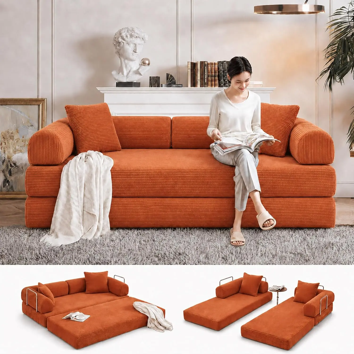 79-in Modern Boneless Couch - 4-in-1 Convertible Folding Sofa Bed, Pre-Assembled Extendable Corduroy Modular Futon Loveseat Sleeper for Adults’ Small Living Room, Orange, Boneless Couches, Floor Couch