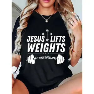 Women's Jesus Lifts Weights T - Shirt Christian Fitness Cross & Barbell Print Casual Gym Workout Top for Christian Gym Enthusiasts