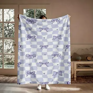 Lavender Bow Checkerboard Flannel Throw Blanket, Soft Cozy Lightweight Blanket for Couch Bed, Warm Decorative Throw for Adults Kids, Perfect for Dorm Bedroom Living Room, Cute Home Decor