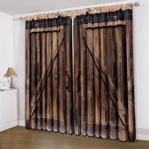 Wooden Door Pattern Curtain, 2 Counts Vintage Rustic Wooden Door Curtain, Light Filtering Curtain for Kitchen Living Room Office Bedroom Decoration
