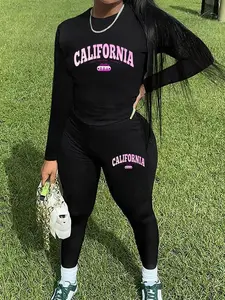 【Plus Size】 Two-Piece Set Letter Print Long Sleeve Tee & Elastic Waist Skinny Pants Set, Casual Round Neck Top & Trousers 2 Piece Set for Fall & Winter, Women's Clothes for Daily Wear, Casual Loungewear Set