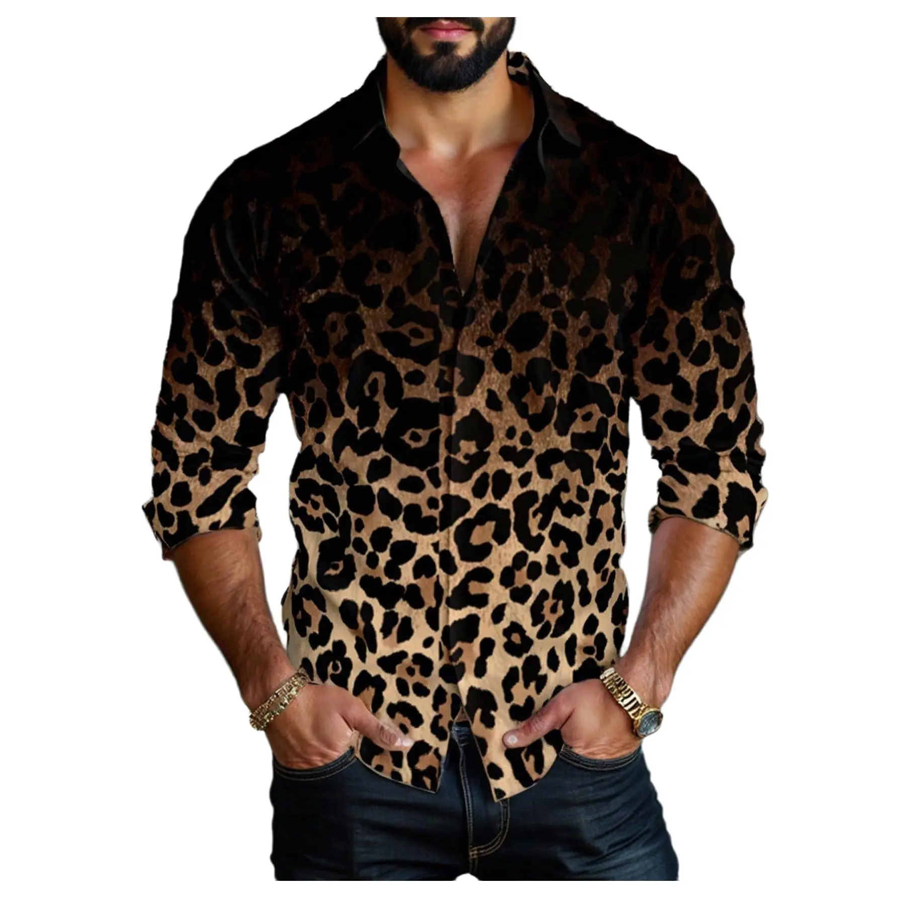 Men's Retro Long-Sleeve Button-Down Denim Shirt - Stylish Cheetah Print Collared 70s Tops, Soft Low Stretch Fabric, for Party, Check Size Chart,back to school,back to school shopping, Button-Up, Party Ready