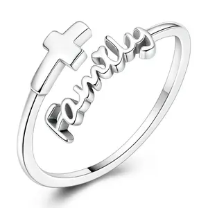 MULA S925 Sterling Silver "Family" Cross Ring - Exquisite inspirational jewelry for women and girls, a sentimental gift for mom, daughter, sister for Christmas, birthday or Mother's Day